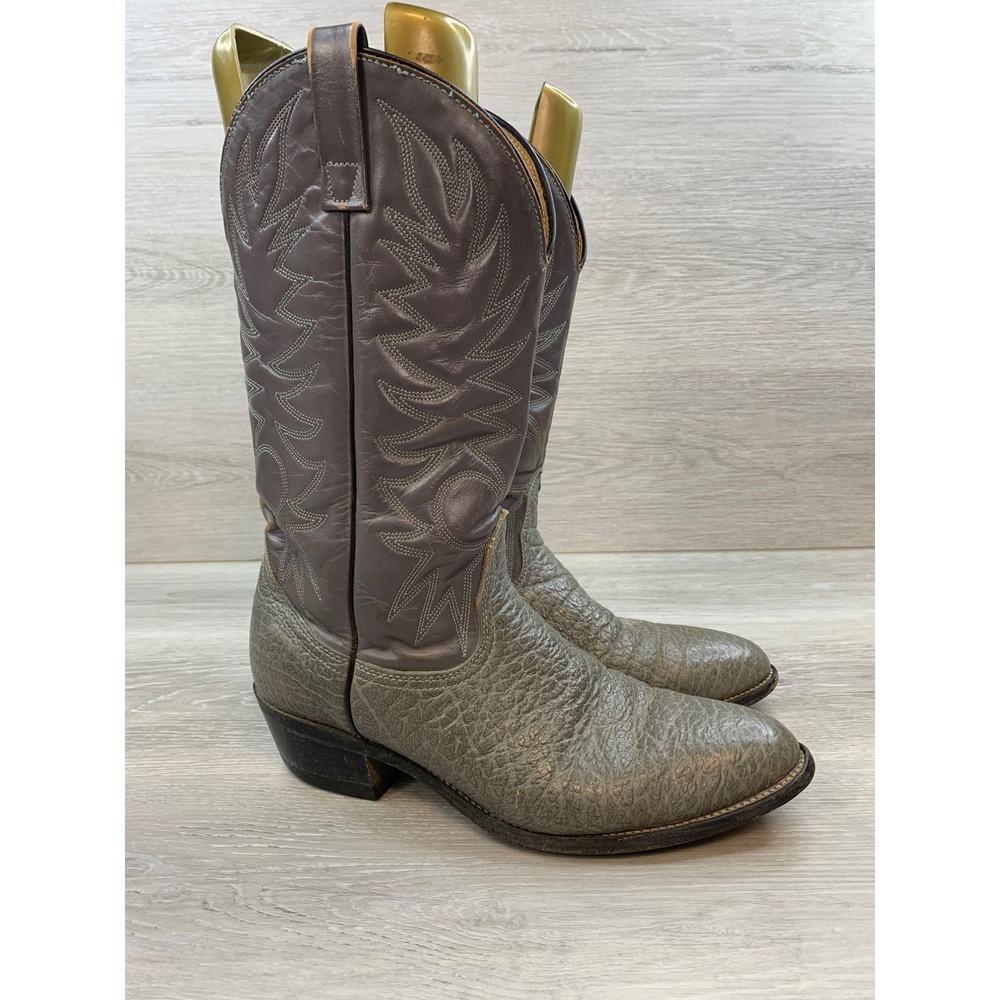 Vintage USA Made Grey Men's Textured Leather Gray Shaft Western Cowboy Boots 10